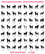 a grid of silhouettes of various dog breeds, with each silhouette representing a different breed. The silhouettes are arranged in rows and columns, and the image includes text that provides information about the silhouettes, such as "Zoom to find your breed" and "MORE ON NEXT PAGE 1/4 PAGE".