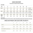 The image is a size chart for a sweatshirt, providing measurements for different sizes and styles.
