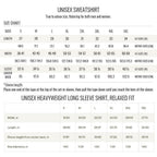 The image is a size chart for a sweatshirt, providing measurements for different sizes and styles.