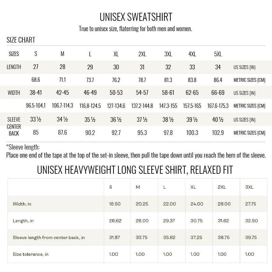 The image is a size chart for a sweatshirt, providing measurements for different sizes and styles.