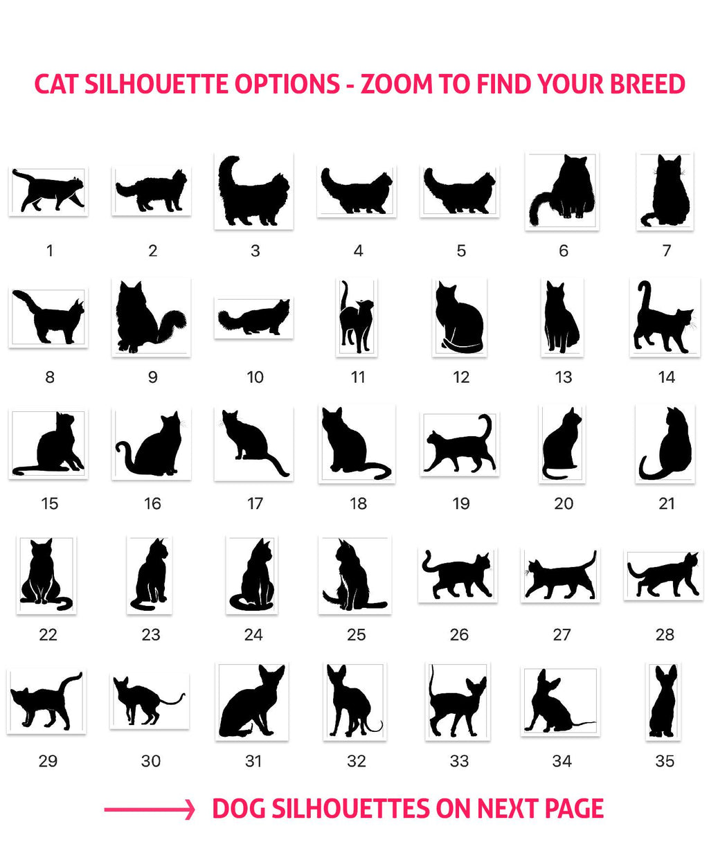 a collection of silhouettes depicting various cat and dog breeds, along with a directional arrow pointing to the "DOG SILHOUETTE OPTIONS - ZOOM TO FIND YOUR BREED" section.