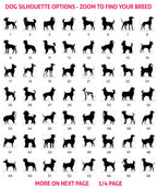 a grid of silhouettes of various dog breeds, with each silhouette representing a different breed. The silhouettes are arranged in rows and columns, and the image includes text that provides information about the silhouettes, such as "Zoom to find your breed" and "MORE ON NEXT PAGE 1/4 PAGE".