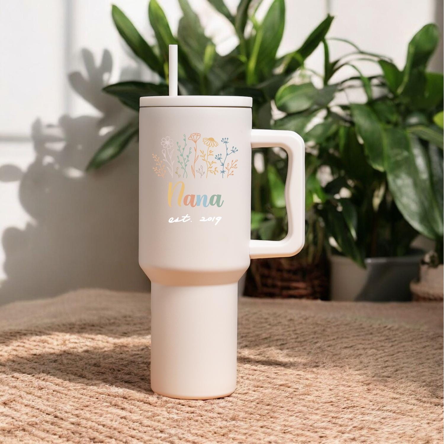 Personalized wildflower tumbler for Grandma Nana, 40oz Large Double Wall Insulated Stainless Steel Tumbler, Leak Proof lid Straw, Travel Cup