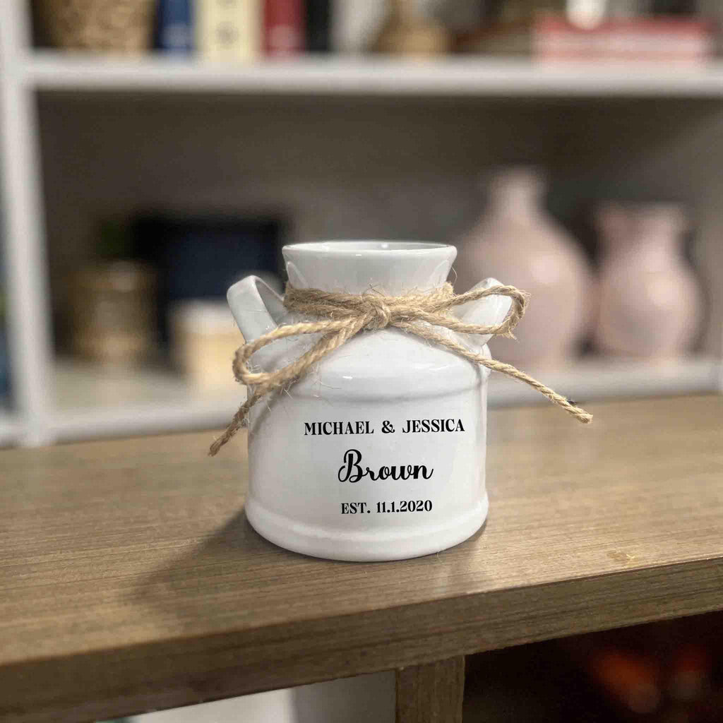 Personalized Engraved Garden Ceramic Flower Pot, Hanging Planter, Gift for New Couple, Small Succulent Pot, Milk Jug Vase