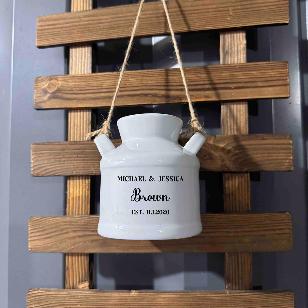 Personalized Engraved Garden Ceramic Flower Pot, Hanging Planter, Gift for New Couple, Small Succulent Pot, Milk Jug Vase