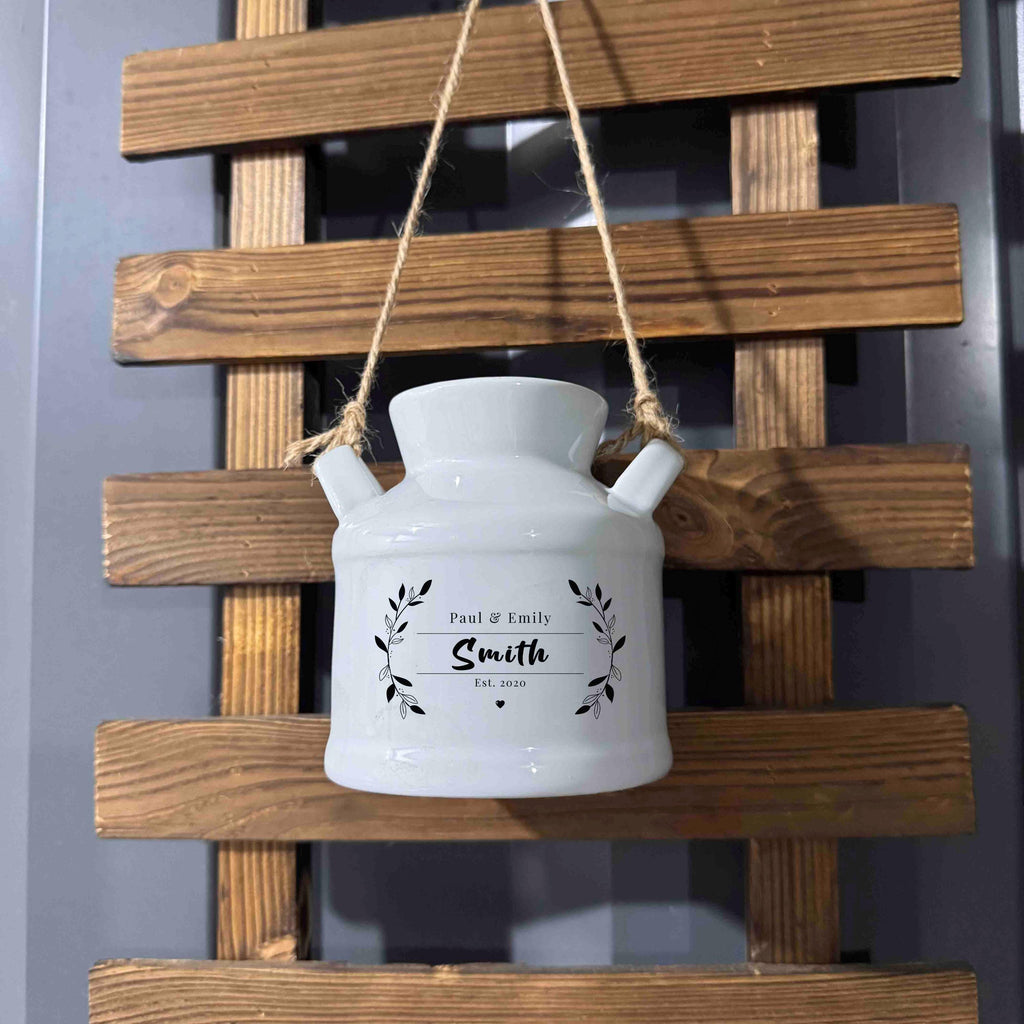 Personalized Engraved Garden Ceramic Flower Pot, Hanging Planter, Gift for New Couple, Small Succulent Pot, Milk Jug Vase