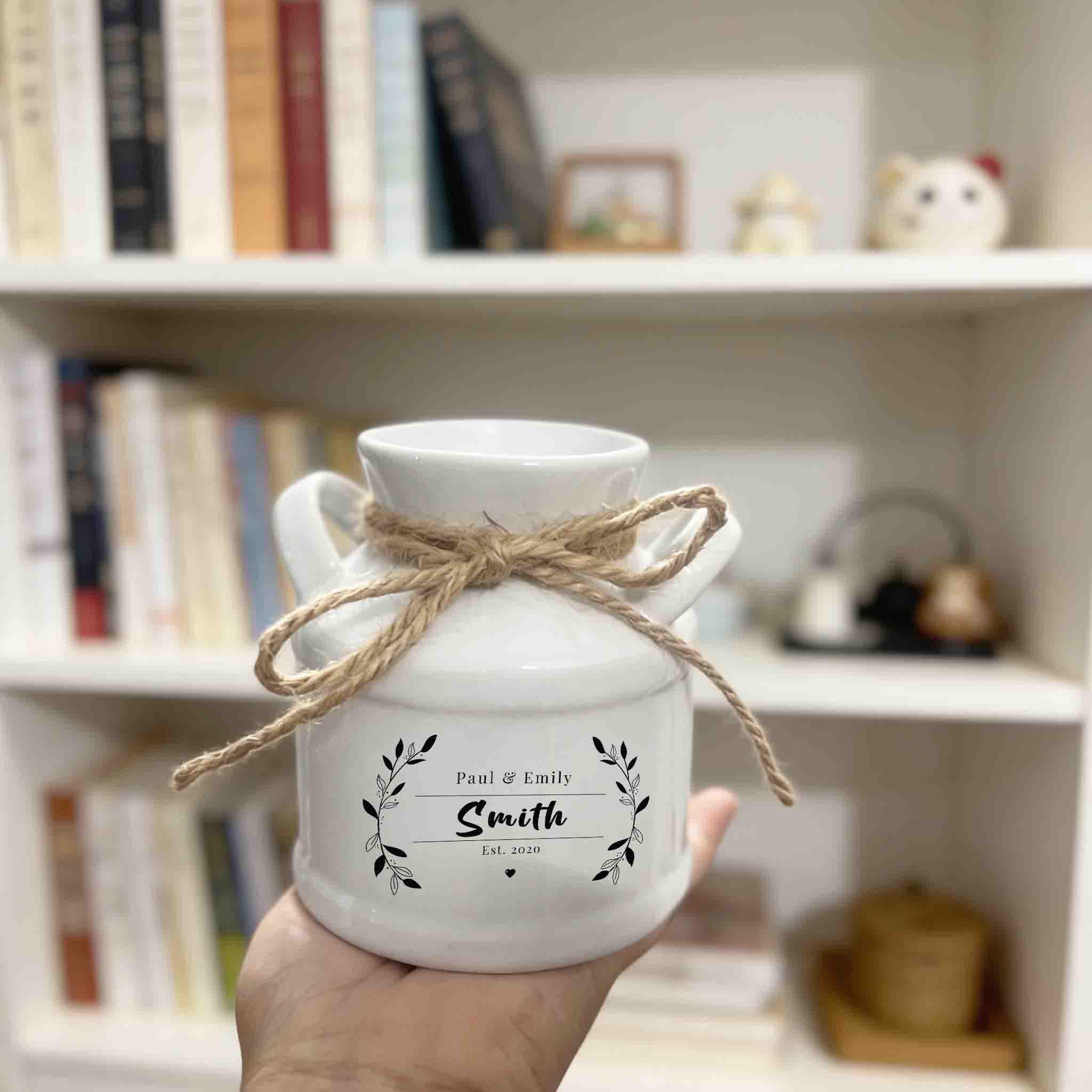 Personalized Engraved Garden Ceramic Flower Pot, Hanging Planter, Gift for New Couple, Small Succulent Pot, Milk Jug Vase