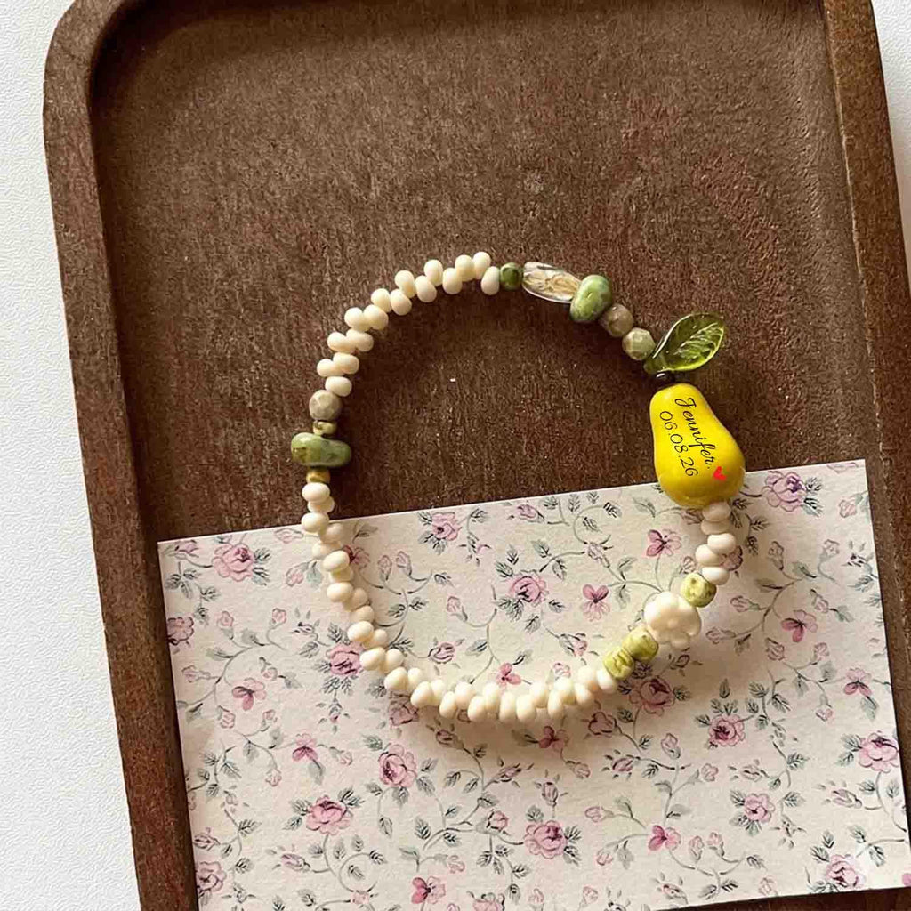 Personalized Pear Shaped Bracelet with Name and Birthdate, Stackable - Custom printed name/date. Gift for Her, Mom, Grandma
