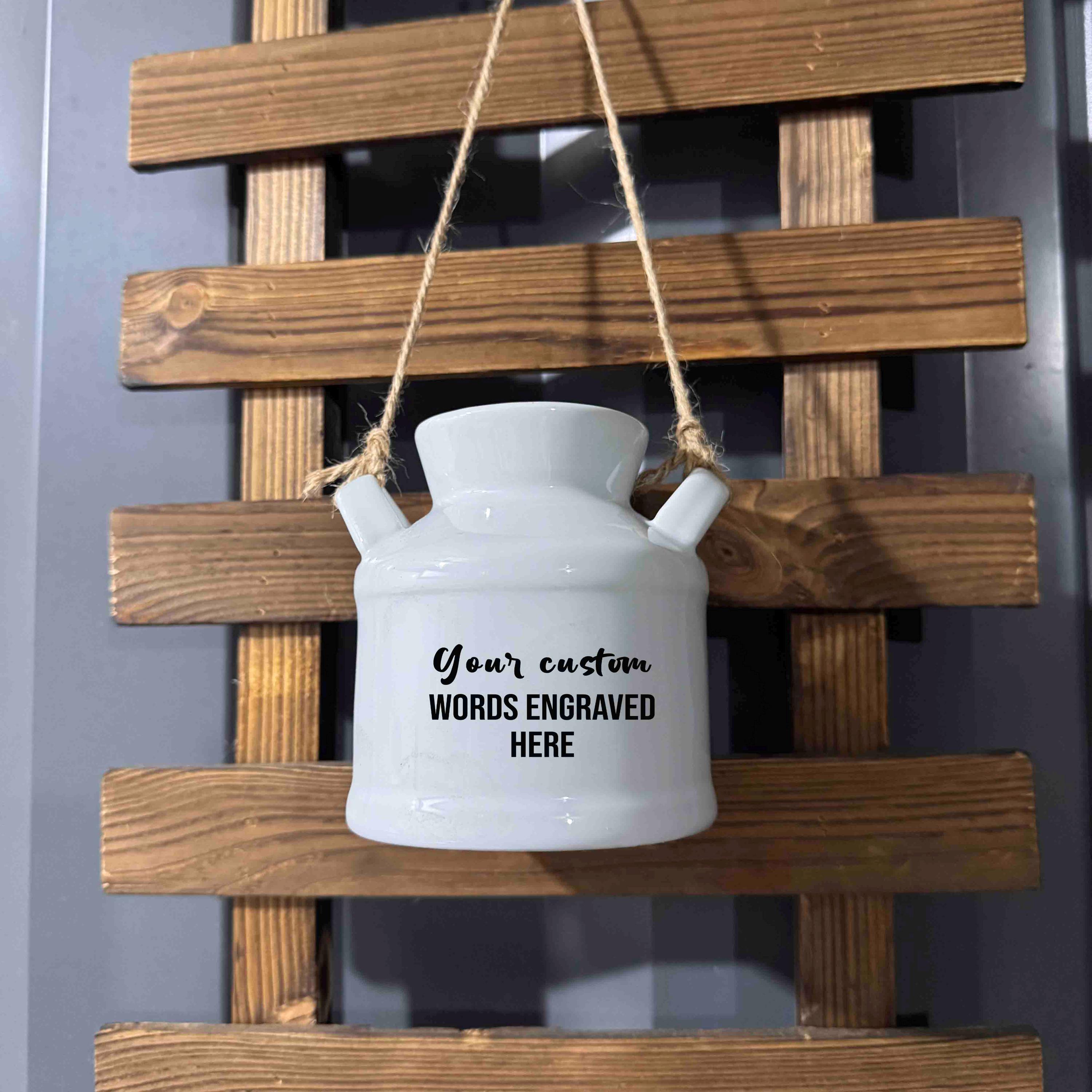 Personalized Garden Ceramic Flower Pot - Engraved with your custom words/logo, Hanging Planter, Small Succulent Pot, Milk Jug Vase