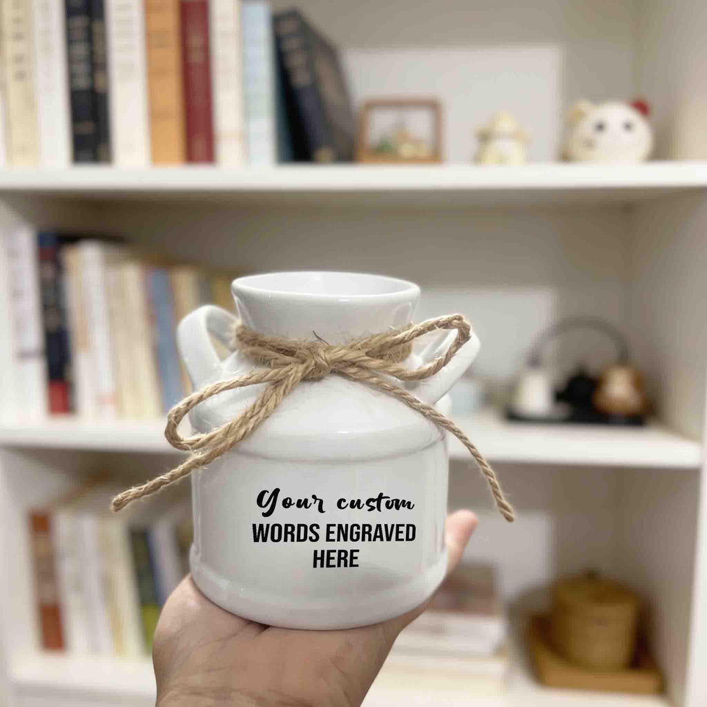 Personalized Garden Ceramic Flower Pot - Engraved with your custom words/logo, Hanging Planter, Small Succulent Pot, Milk Jug Vase