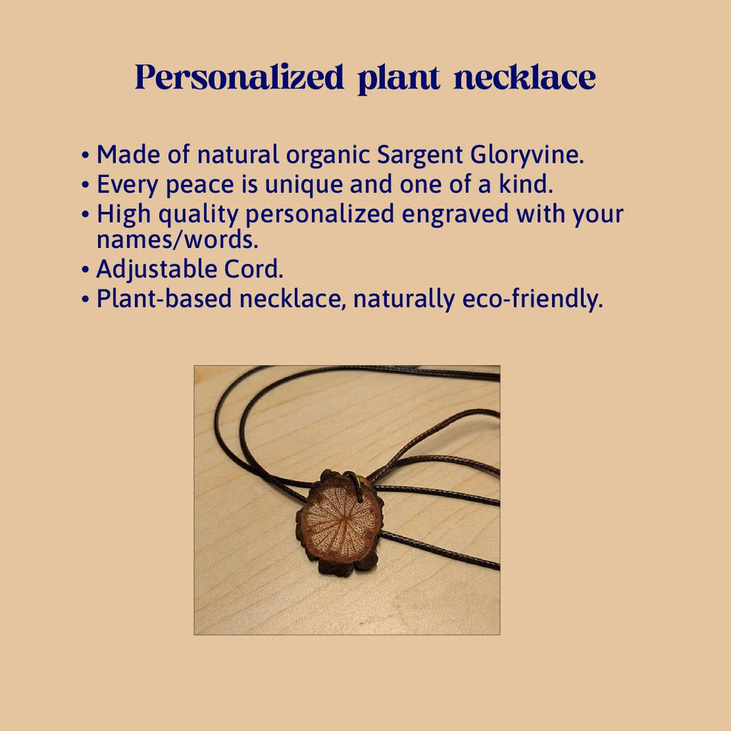 Personalized Plant-based Vintage Pendant Necklace - Custom Engraved Names, Natural Organic Wooden Jewelry, Gift for Her, Mom, Grandmother
