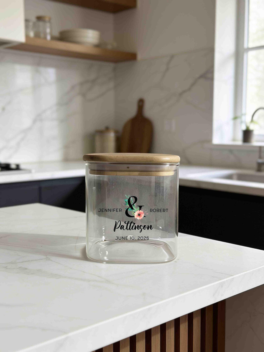 Personalized square glass Jar for new couple with names and date, Custom Kitchen Canister Storage Jar, Newly Wed, Wedding Shower Gift