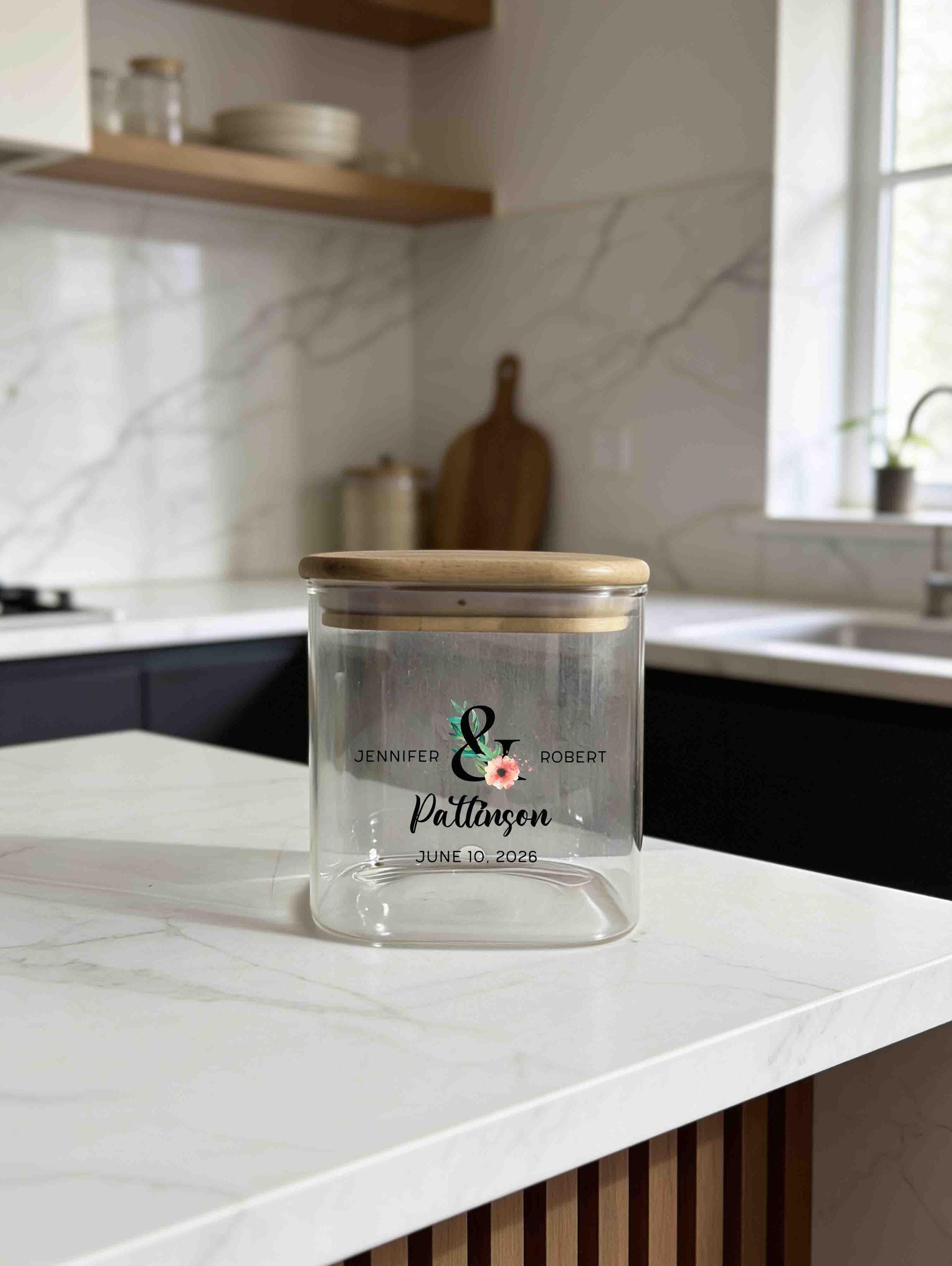 Personalized square glass Jar for new couple with names and date, Custom Kitchen Canister Storage Jar, Newly Wed, Wedding Shower Gift