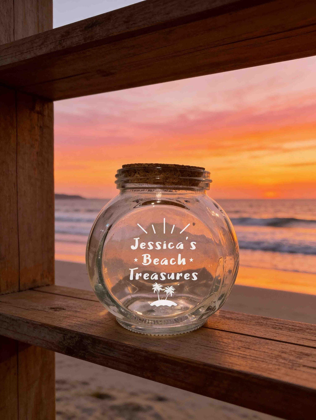 Personalized Glass Jar, Engraved or printed optional, Custom Beach Treasures Holder, Seashell Keepsake Storage, Beach Decor