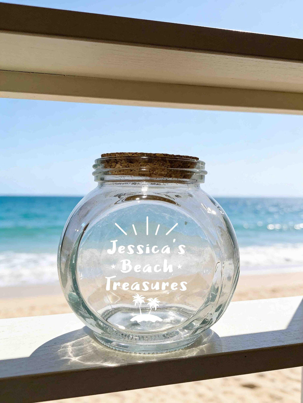 Personalized Glass Jar, Engraved or printed optional, Custom Beach Treasures Holder, Seashell Keepsake Storage, Beach Decor