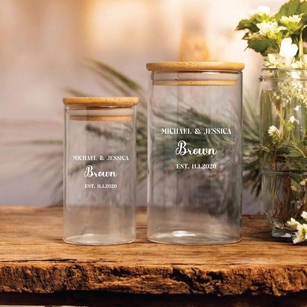 Personalized Glass Jar for new couple with names and wedding date, Custom Kitchen Canister Storage Jar, Newly Wed, Wedding Shower Gift