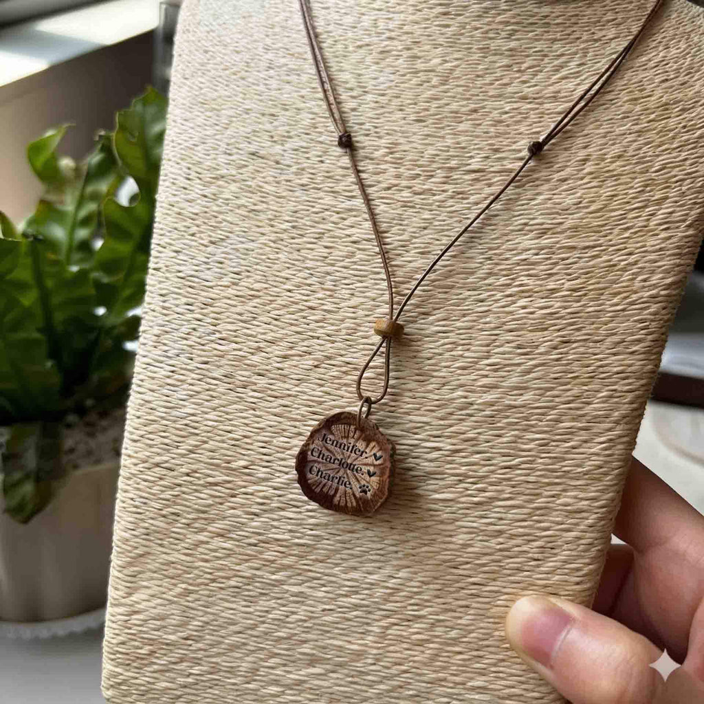 Personalized Plant-based Vintage Pendant Necklace - Custom Engraved Names, Natural Organic Wooden Jewelry, Gift for Her, Mom, Grandmother