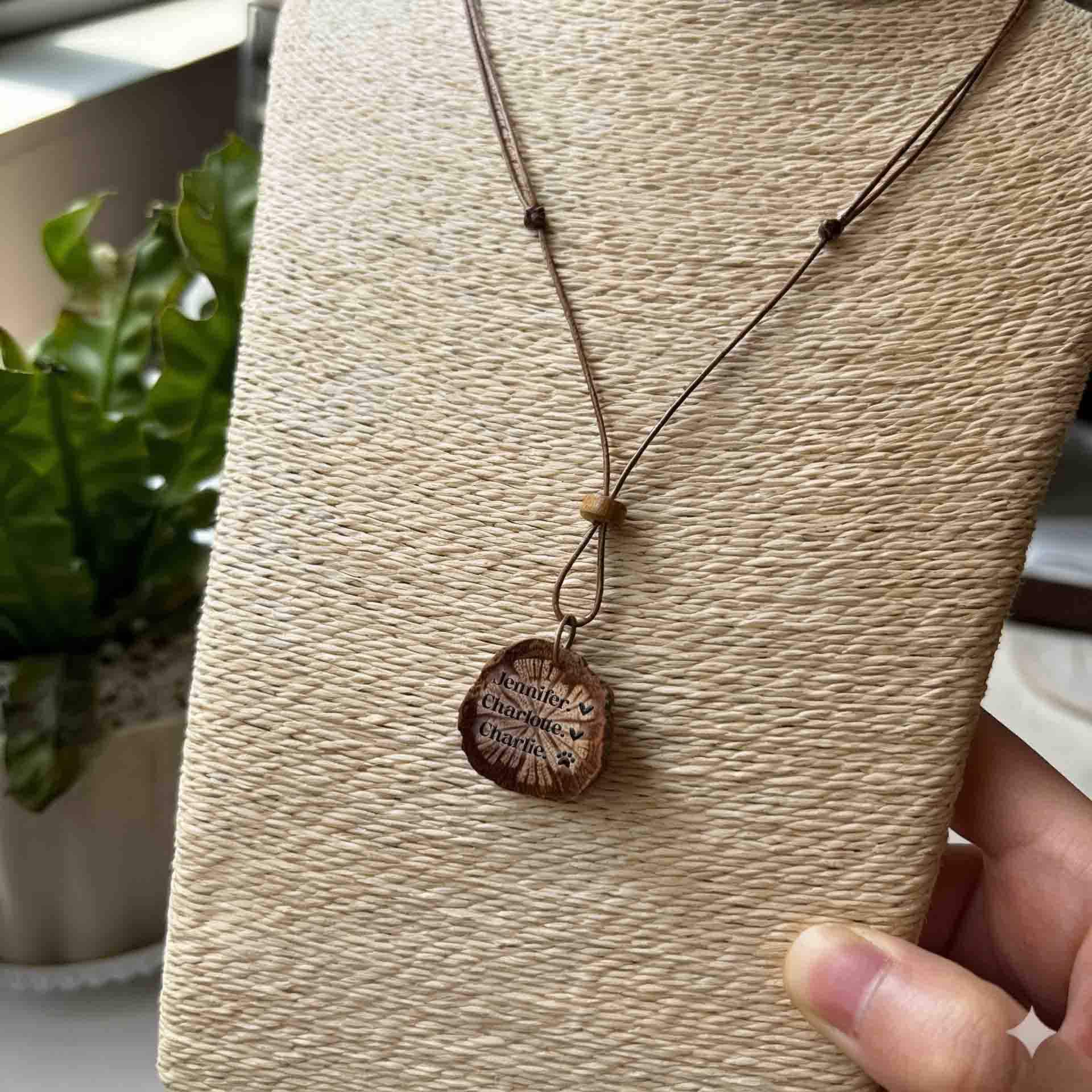 Personalized Plant-based Vintage Pendant Necklace - Custom Engraved Names, Natural Organic Wooden Jewelry, Gift for Her, Mom, Grandmother
