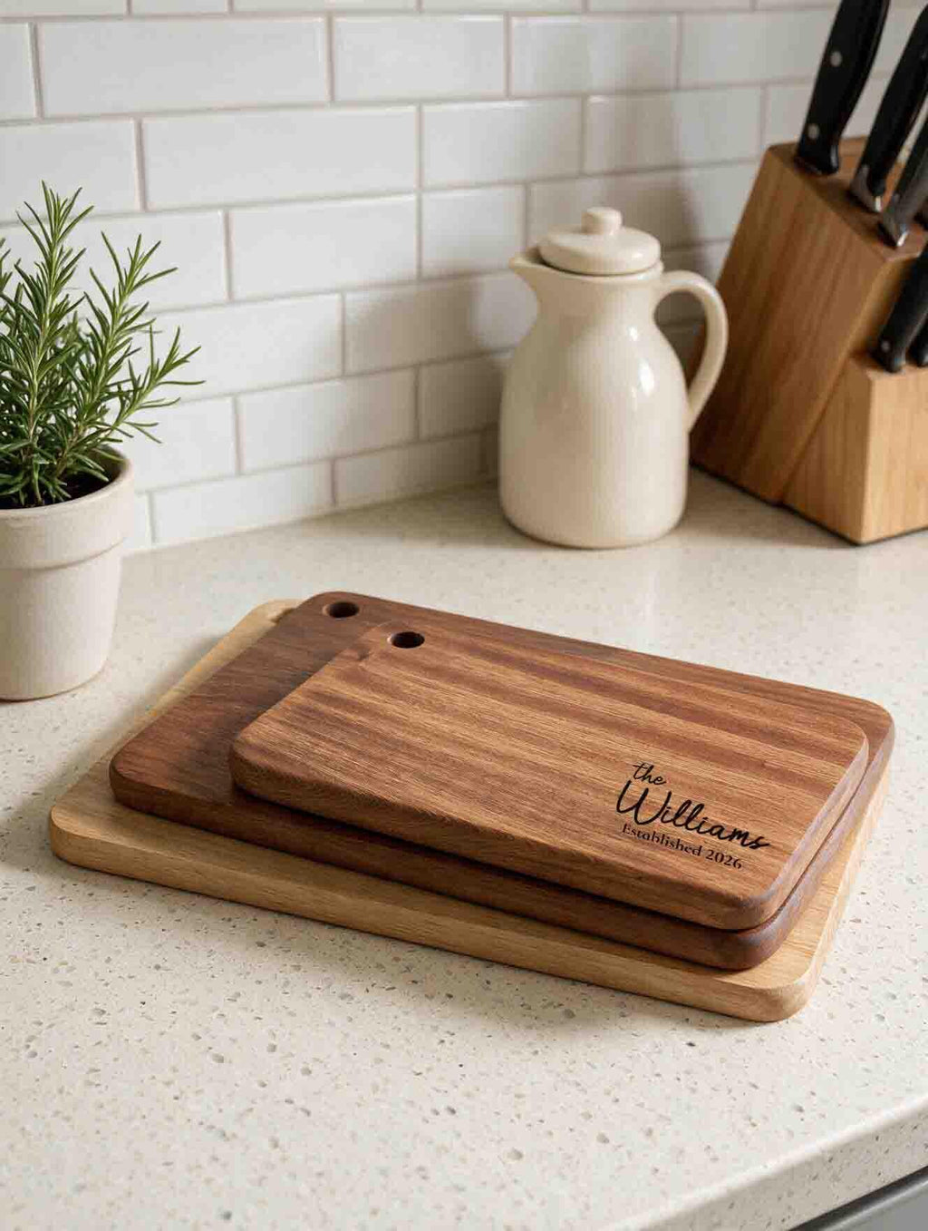 Personalized Solid Wood Cutting Board with Stand, Single Piece African Wood Chopping Board, Engraved Housewarming, Wedding, Anniversary Gift