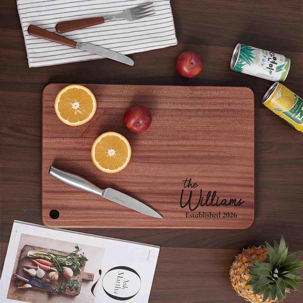 Personalized Solid Wood Cutting Board with Stand, Single Piece African Wood Chopping Board, Engraved Housewarming, Wedding, Anniversary Gift