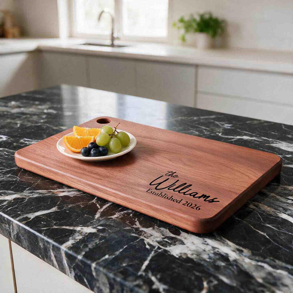 Personalized Solid Wood Cutting Board with Stand, Single Piece African Wood Chopping Board, Engraved Housewarming, Wedding, Anniversary Gift