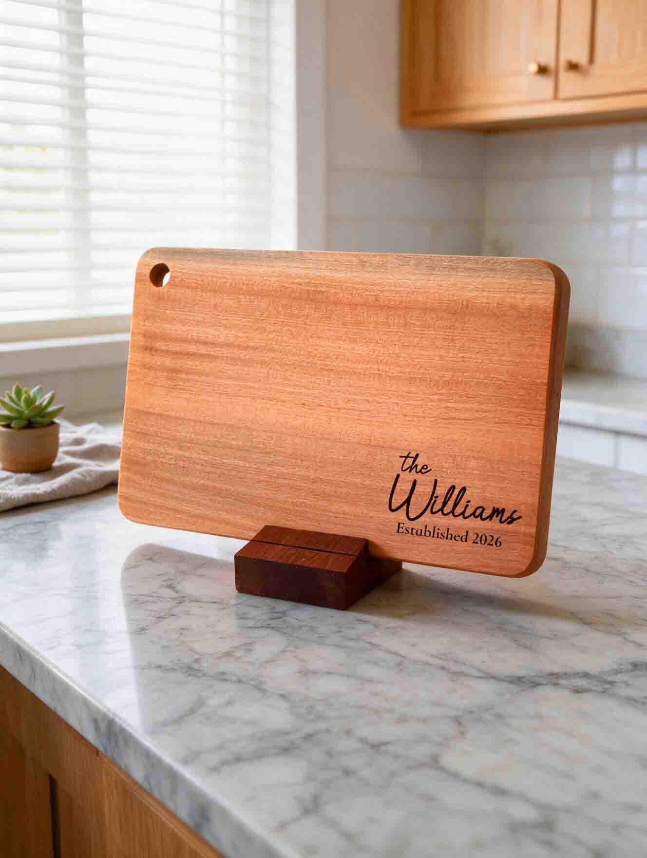 Personalized Solid Wood Cutting Board with Stand, Single Piece African Wood Chopping Board, Engraved Housewarming, Wedding, Anniversary Gift
