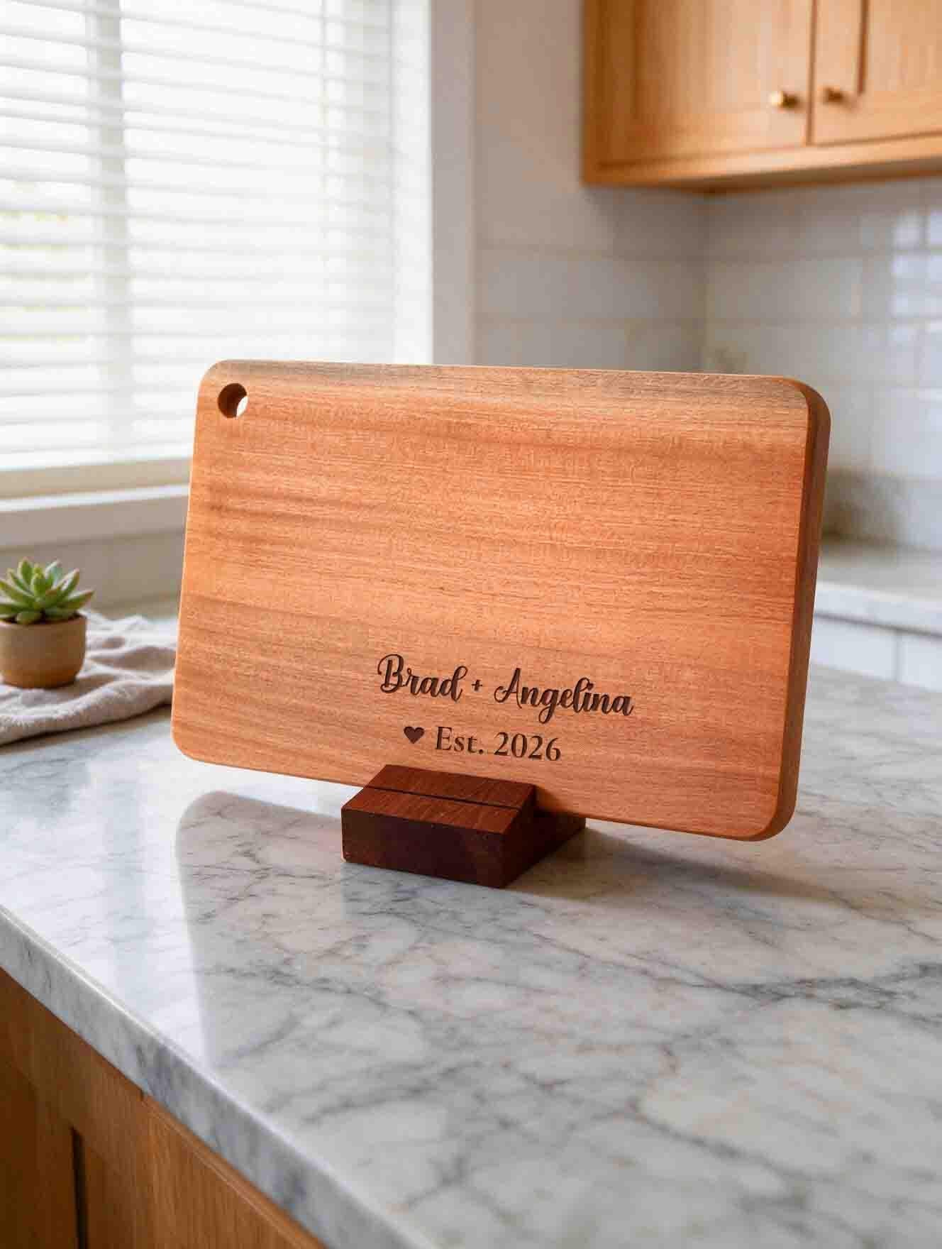 Personalized Solid Wood Cutting Board with Stand, Single Piece African Wood Chopping Board, Engraved New Couple Gift, Wedding Gift