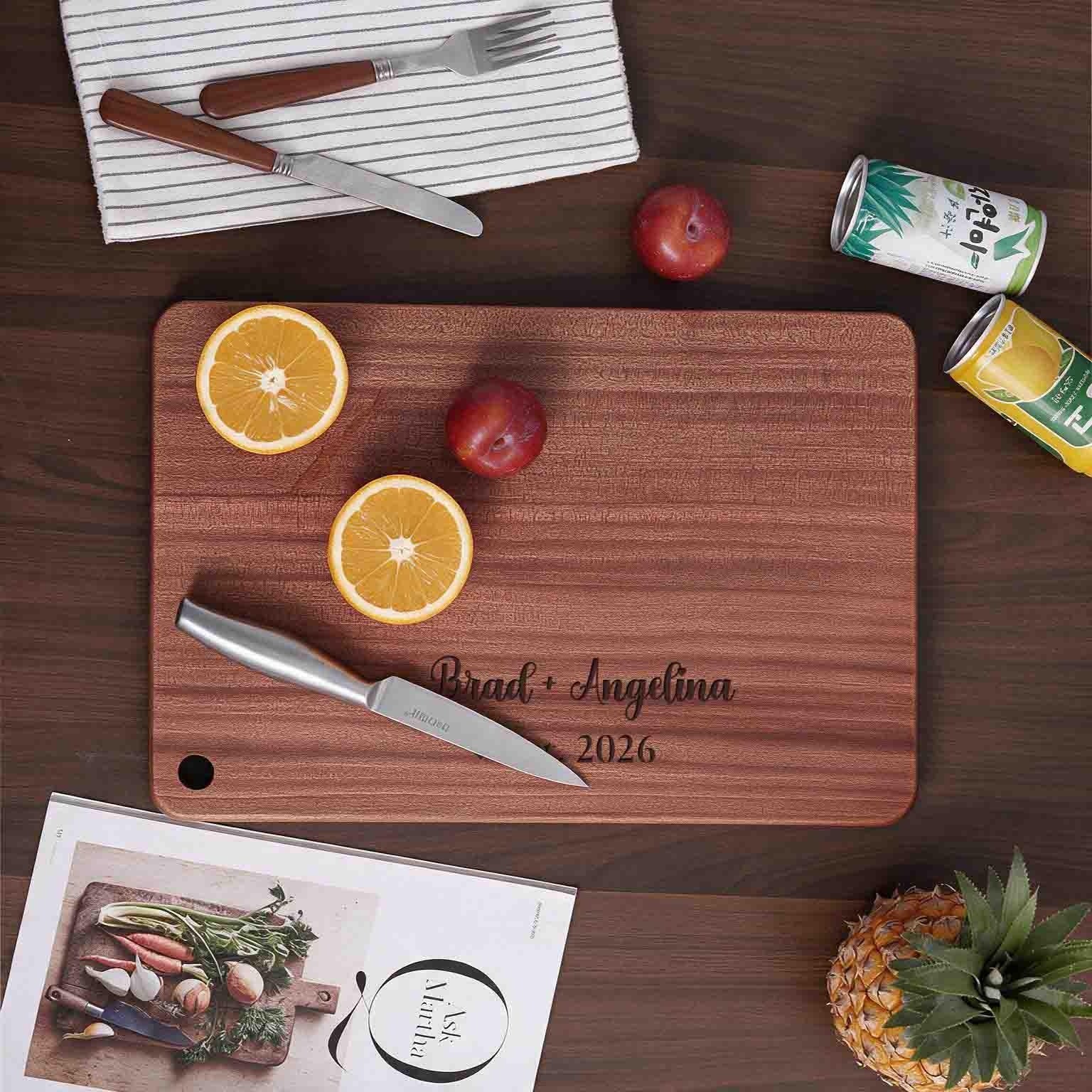 Personalized Solid Wood Cutting Board with Stand, Single Piece African Wood Chopping Board, Engraved New Couple Gift, Wedding Gift