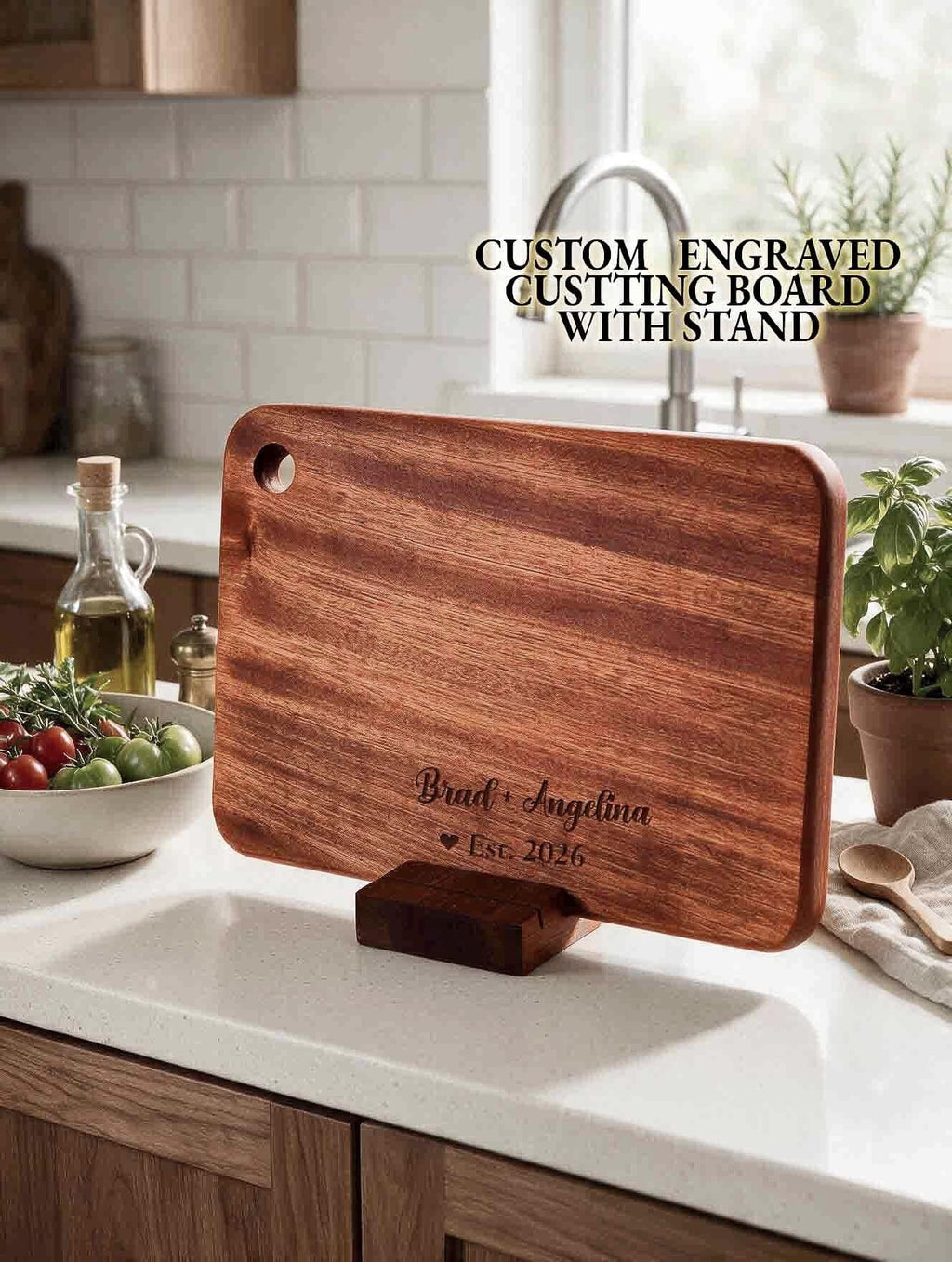 Personalized Solid Wood Cutting Board with Stand, Single Piece African Wood Chopping Board, Engraved New Couple Gift, Wedding Gift
