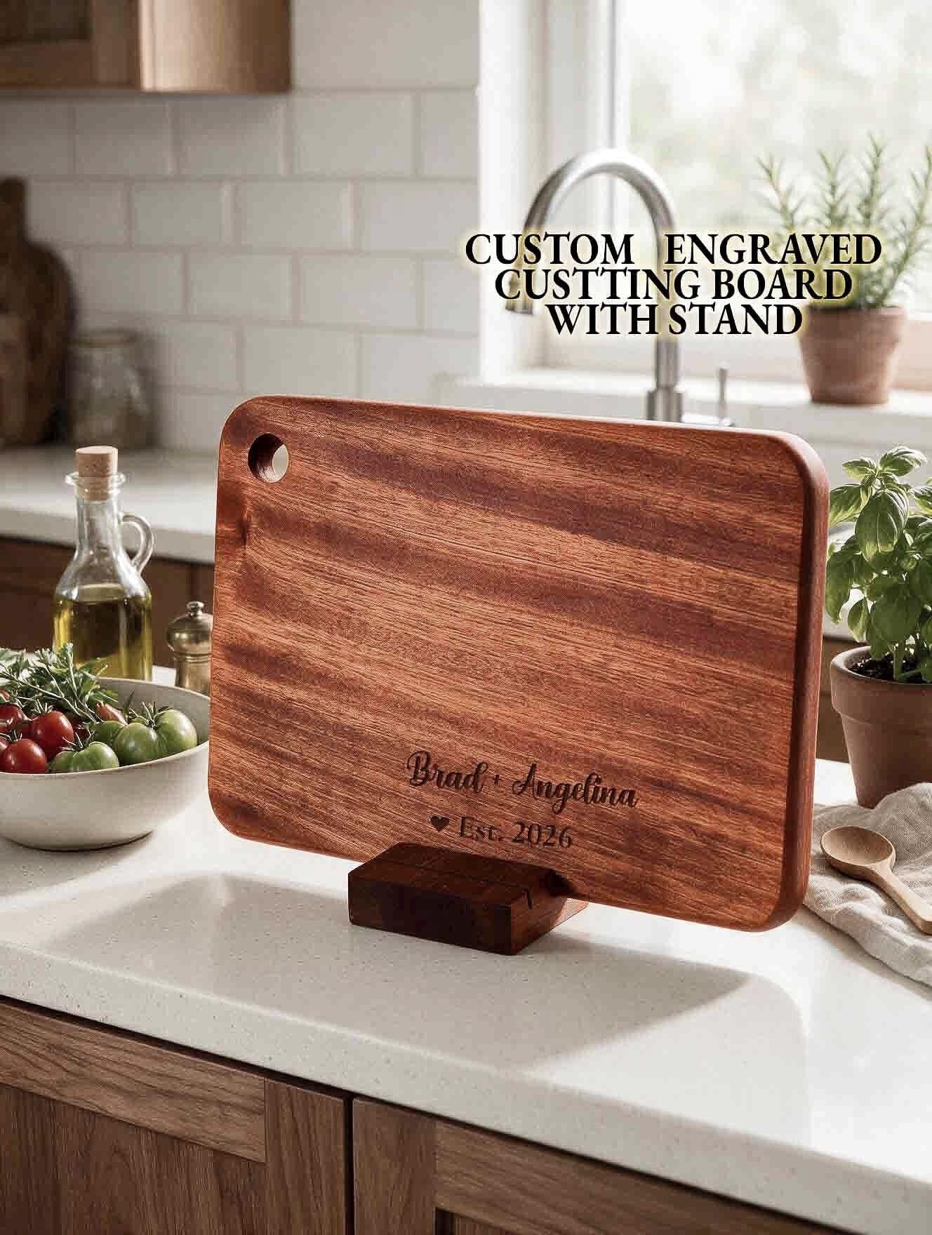 Personalized Solid Wood Cutting Board with Stand, Single Piece African Wood Chopping Board, Engraved New Couple Gift, Wedding Gift