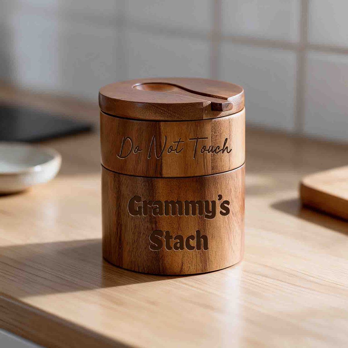Personalized Grandma/Nana/Grammy/Grandpa Wooden Spice Box with Spoon: 2-layer Stackable Herb Keeper