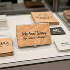 Personalized Wood / Stainless steel Business Card Holder: Engraved with name/title, Corporate Gift