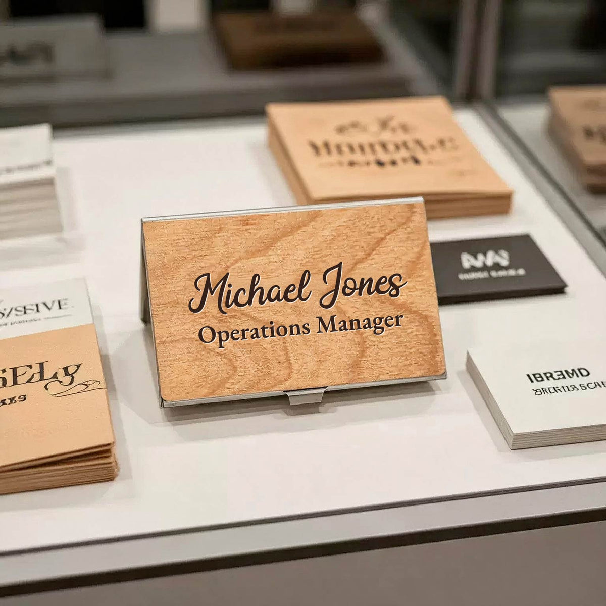 Personalized Wood / Stainless steel Business Card Holder: Engraved with name/title, Corporate Gift