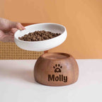 Personalized Engraved Name Ceramic Dog/Cat or Small Breeds Pet Bowl with Wood Stand. Food and Water Feeding Dish with Elevated Base