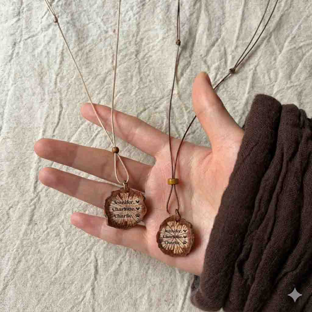 Personalized Plant-based Pendant Necklace, Natural Organic Wooden Jewelry, Gift for Her or Him, Mom, Dad, Grandma, Grandpa