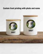 Personalized Pet Food/Treats Ceramic Jar with pet photo and engraved wood lid - Airtight Dog/Cat Treats Container, Dog Owner gift - Home decor