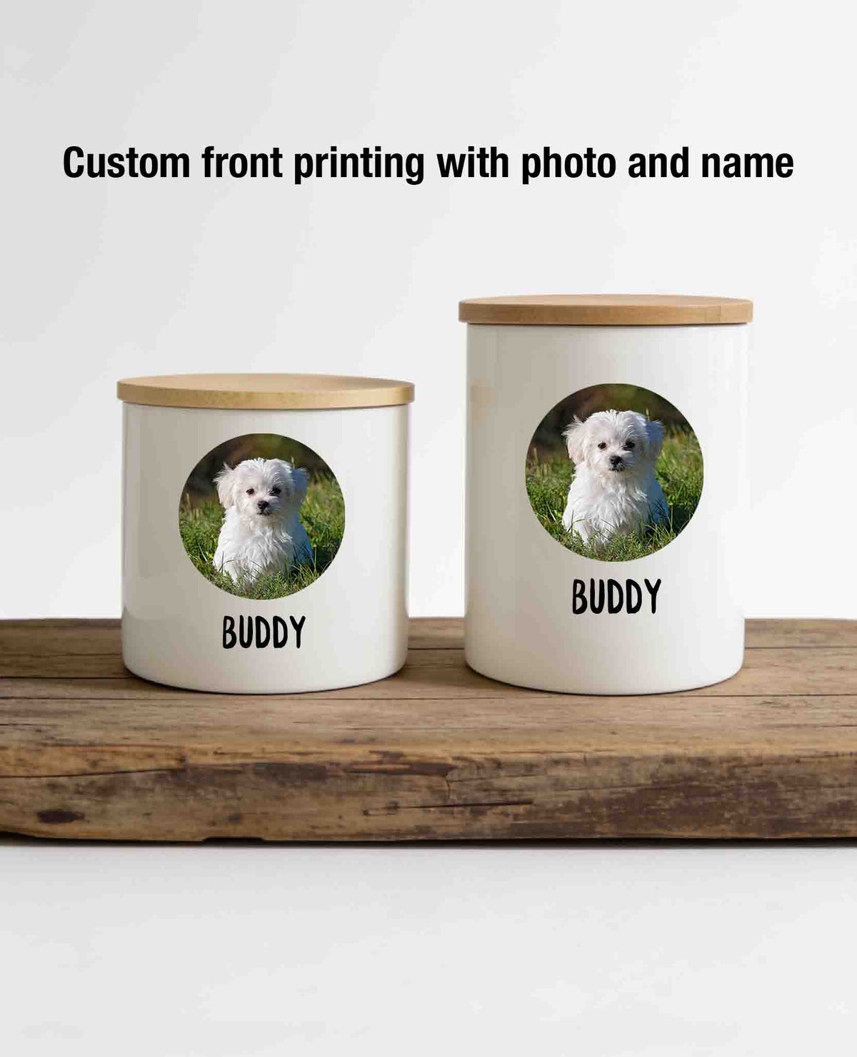 Personalized Pet Food/Treats Ceramic Jar with pet photo and engraved wood lid - Airtight Dog/Cat Treats Container, Dog Owner gift - Home decor